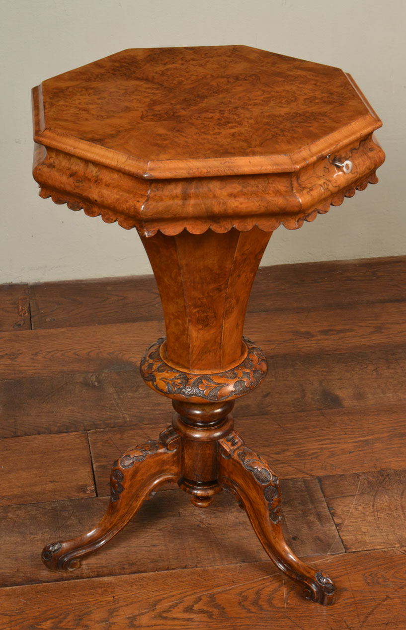 Victorian burr walnut trumpet shaped needlework table circa 1870