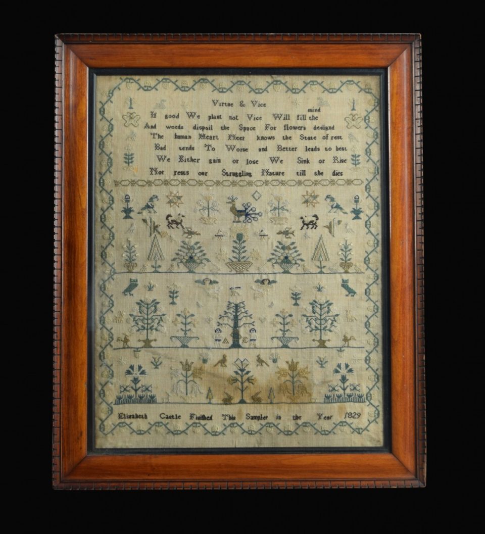 George IV English embroidered needlework tapestry sampler by Elizabeth Castle