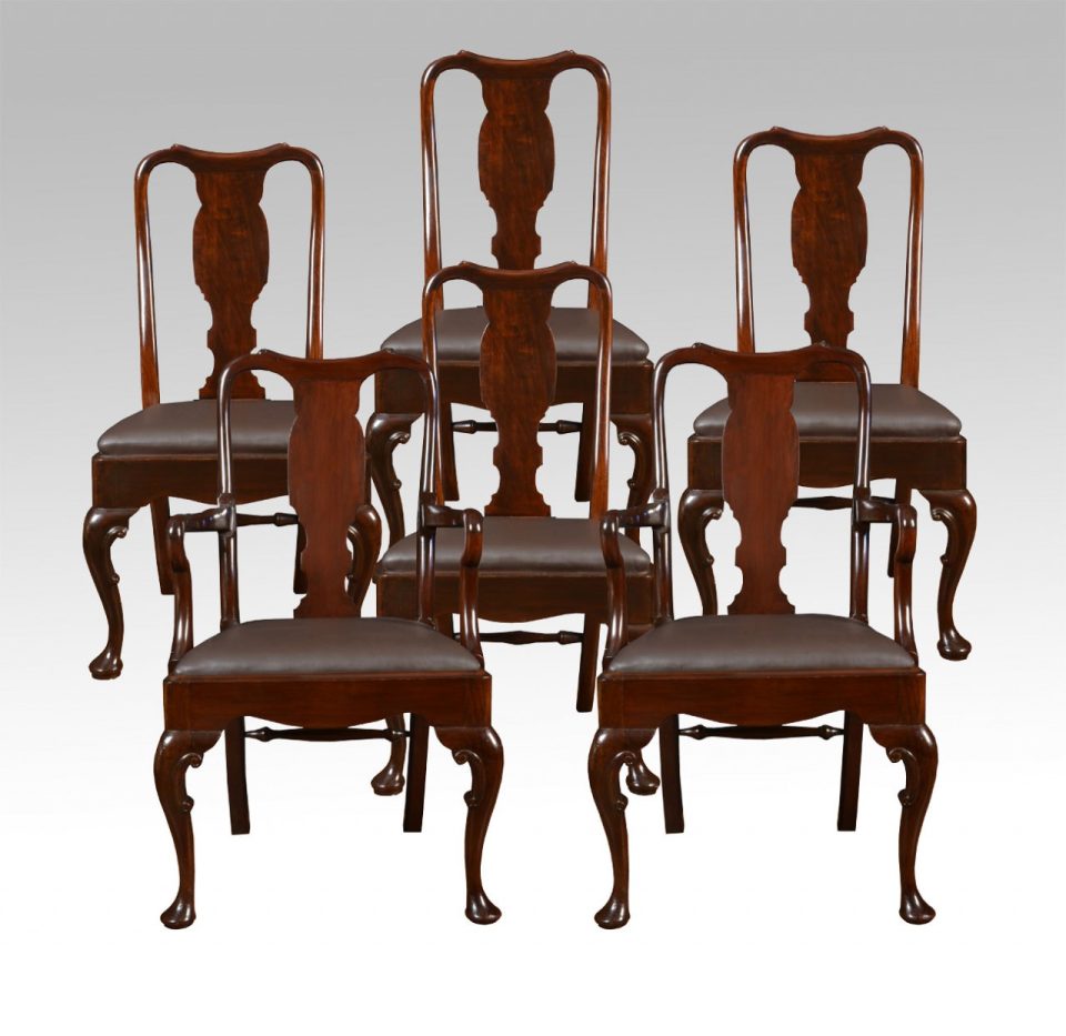 Set of six early 20th Century Queen Anne style high back dining chairs