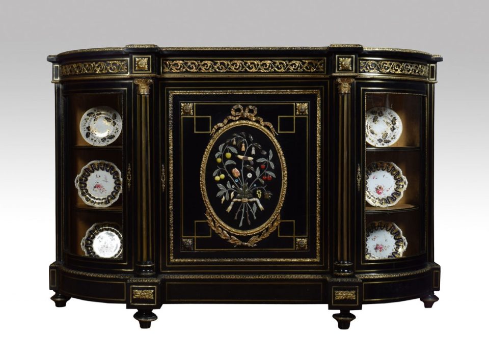 Napoleon III gilt bronze and Pietra Dura mounted ebonized cabinet / credenza