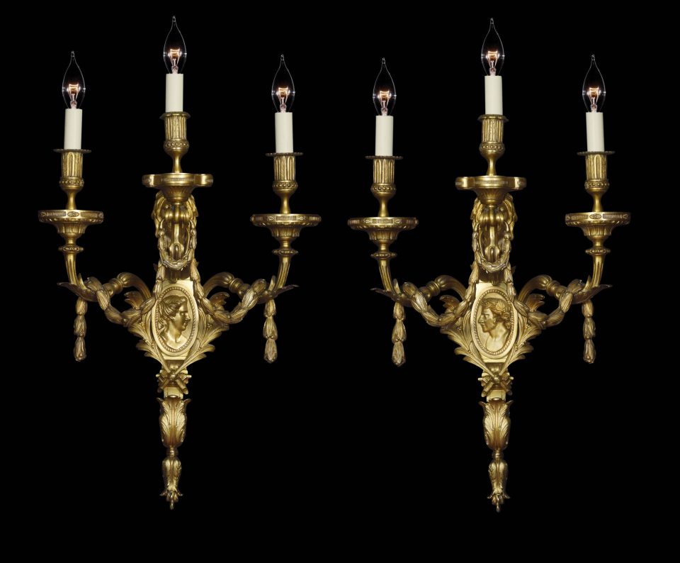 Large and impressive pair of Louis XVI style three branch wall lights