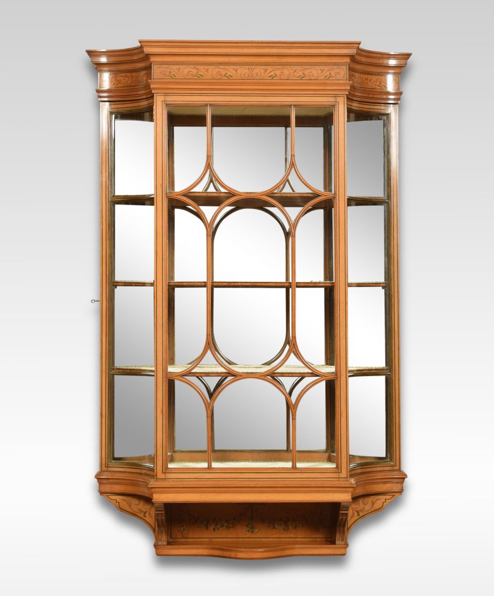 Large Edwardian painted satinwood wall hanging display cabinet