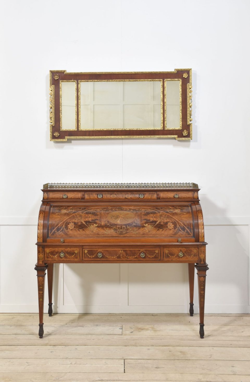 Sheraton Revival marquetry inlaid cylinder bureau