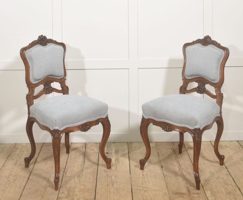 Pair of Carved Walnut Louis XV Style Side Chairs