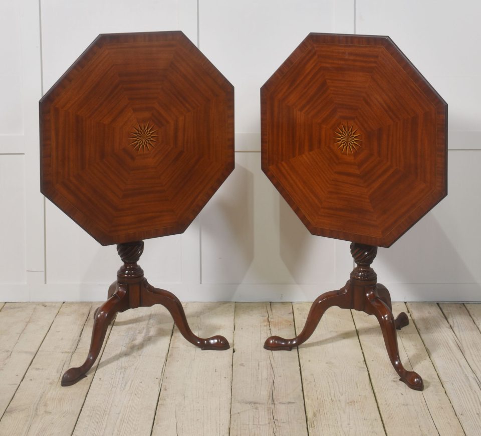 Pair of inlaid mahogany tripod tables