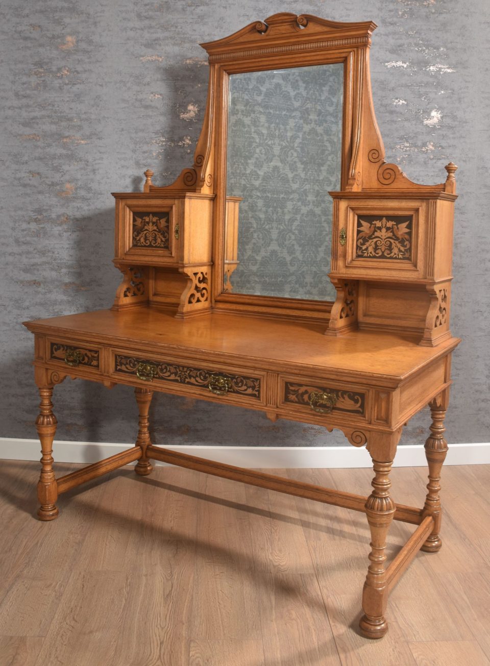 Marquetry inlaid oak dressing table