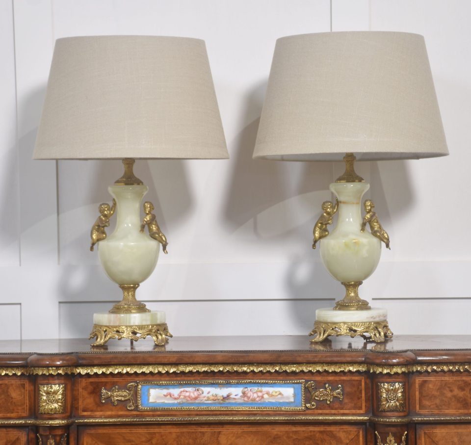 Pair of metal mounted onyx table lamps