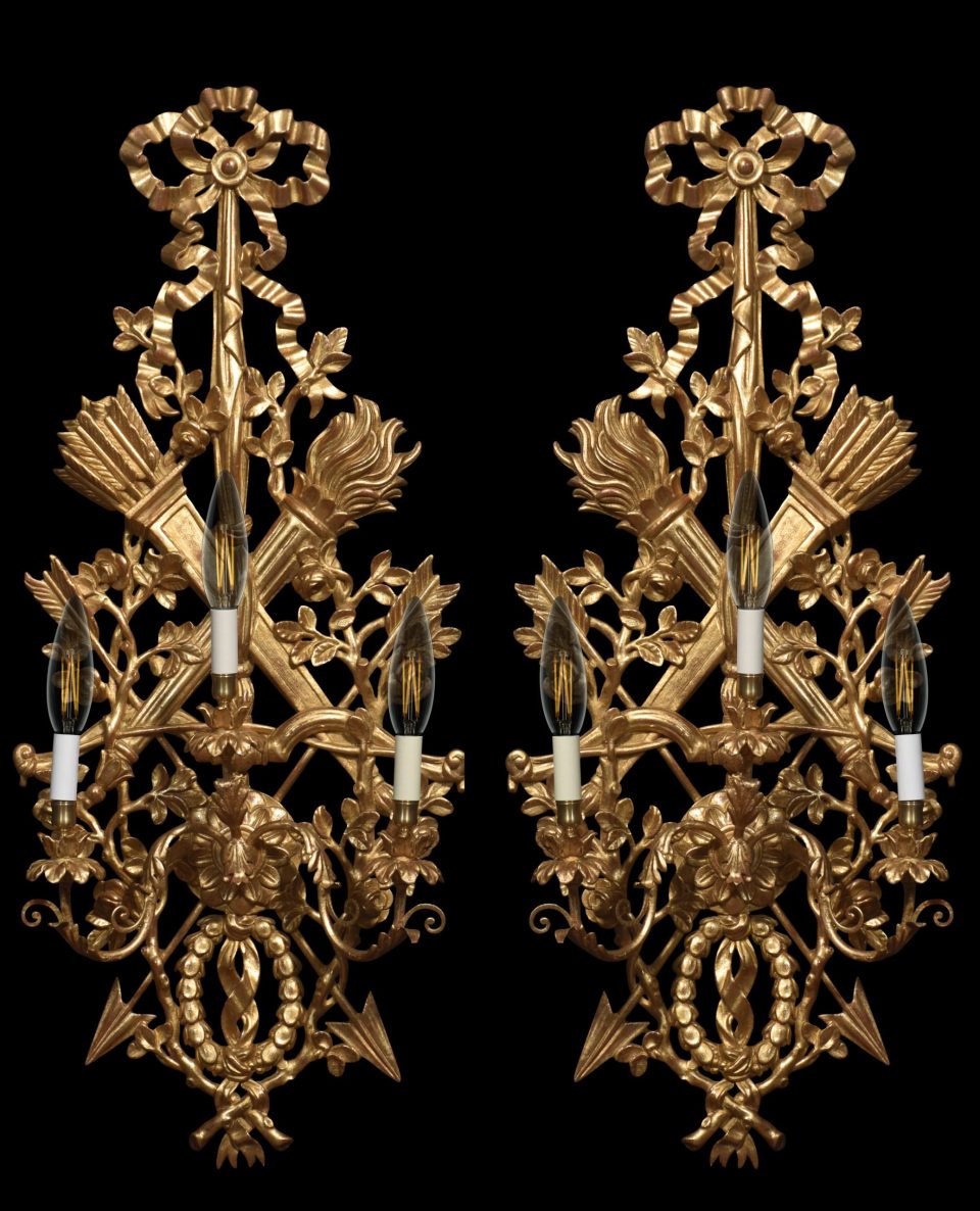 Pair of gilt-wood three light wall appliqués