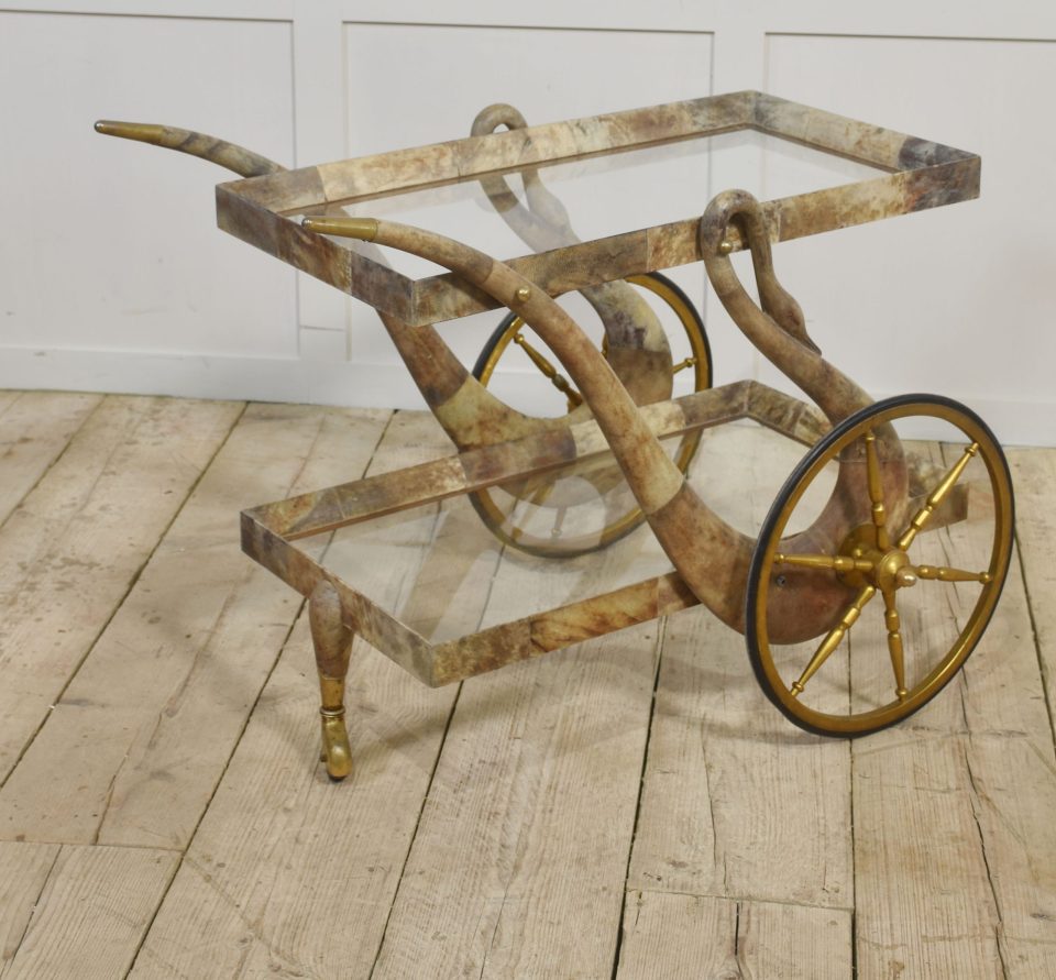 Goatskin and brass bar or dessert cart by Aldo Tura