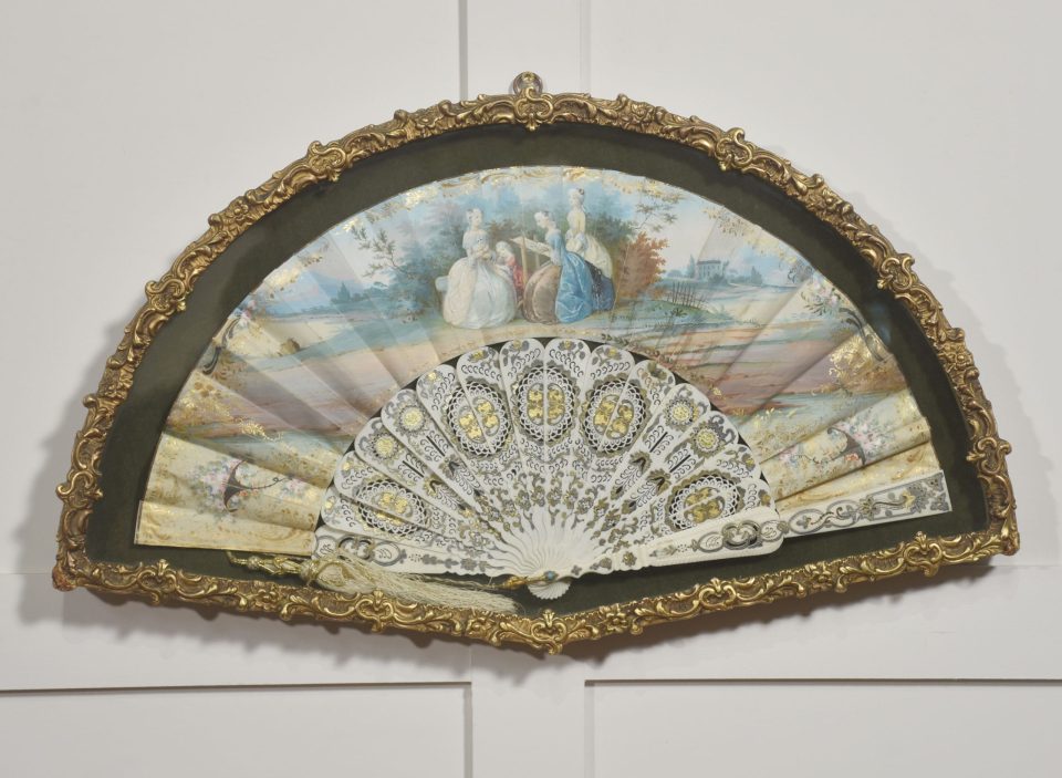 Framed Decorative Folding Fan with Rococo Pastoral Scene