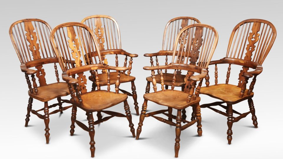 Matched set of six 19th century yew wood Windsor armchairs