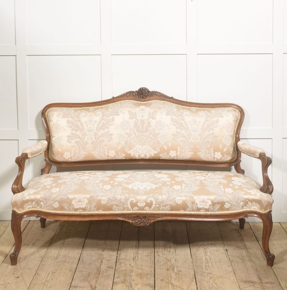 Louis XV Style Carved Walnut Settee with Damask Upholstery