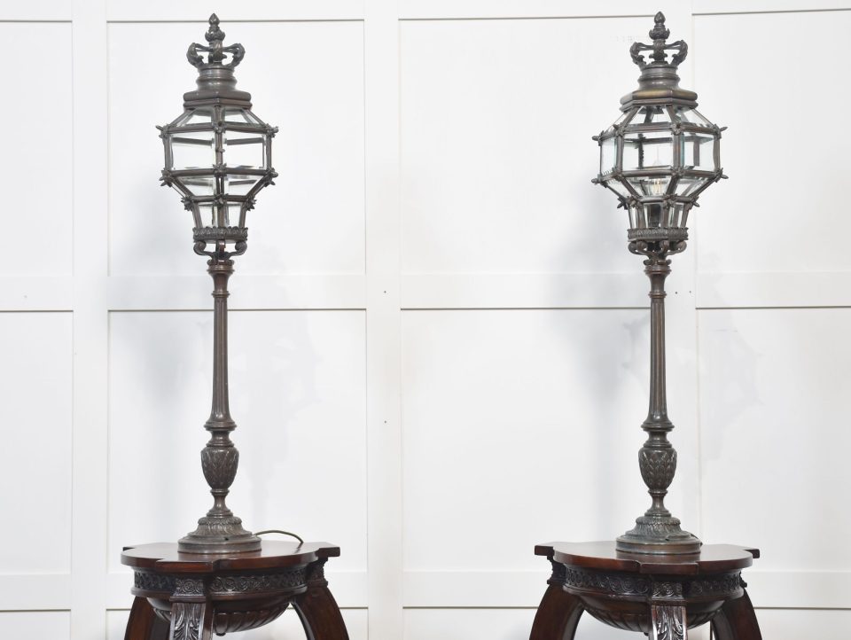 Pair of bronze newel post lamps