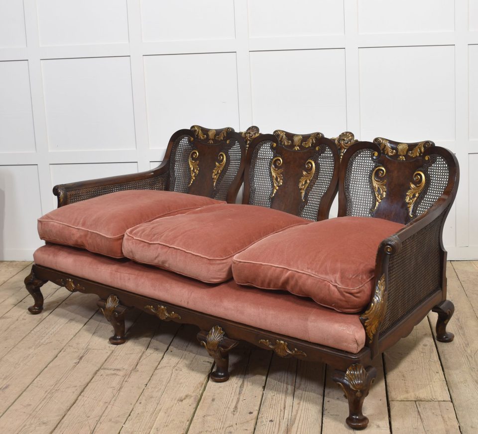 Walnut bergere three seater sofa
