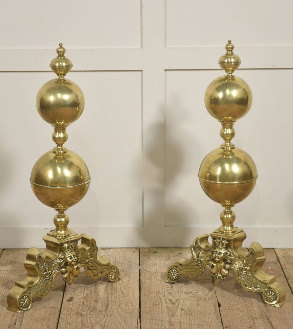 Pair of Monumental Gilt Brass Andirons