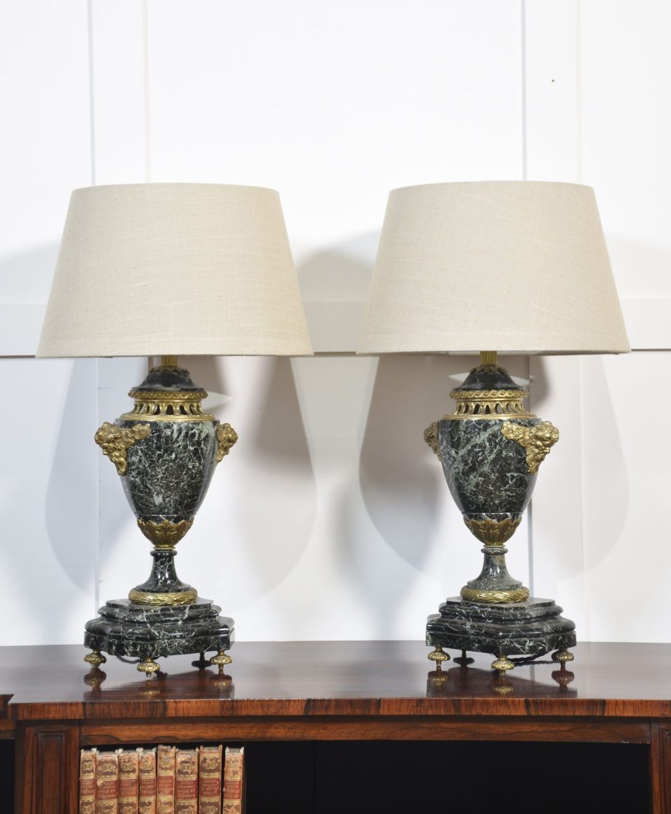 Pair of French ormolu mounted marble table lamps