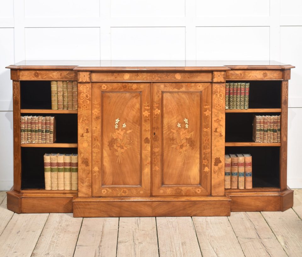 Walnut inlaid breakfront bookcase