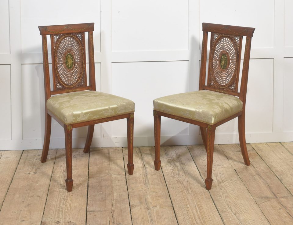 Pair of Painted Edwardian Satinwood Cane-Back Side Chairs