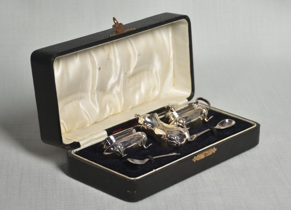 Leather cased condiment set