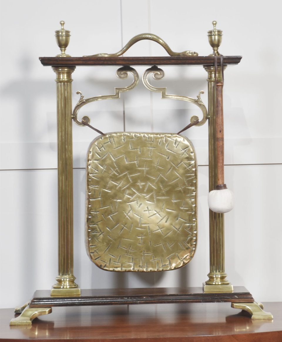 Brass and oak table gong