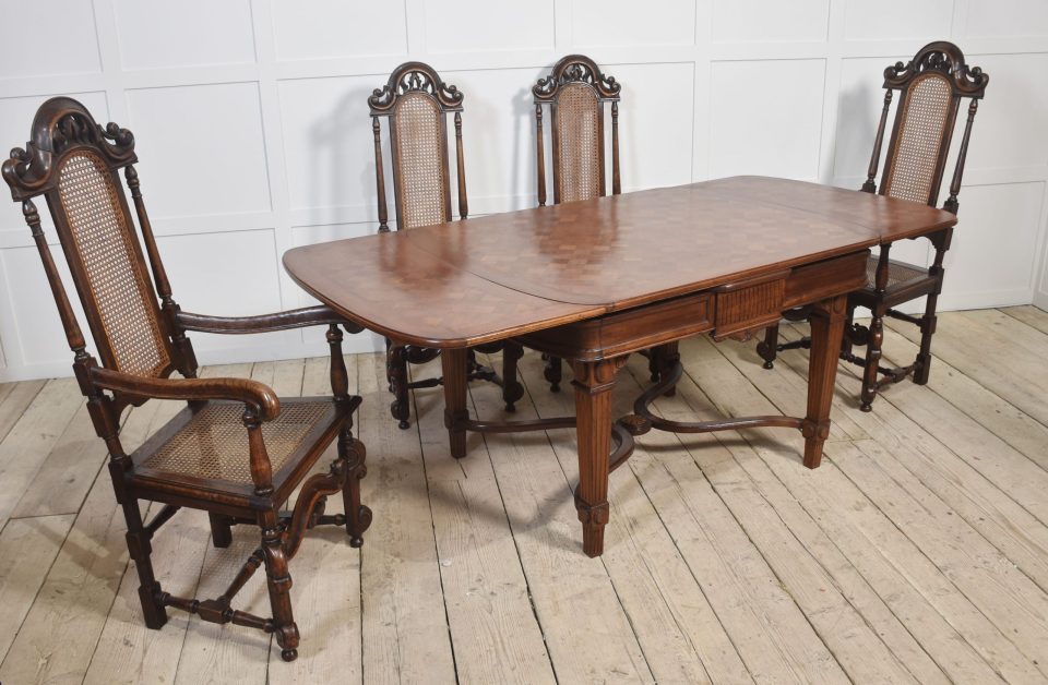 Walnut parquetry draw-leaf table