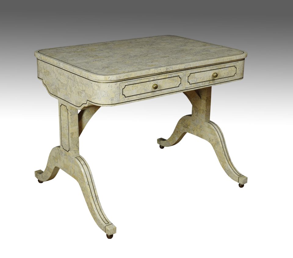 Tesselated Stone and Brass sofa table by Maitland Smith