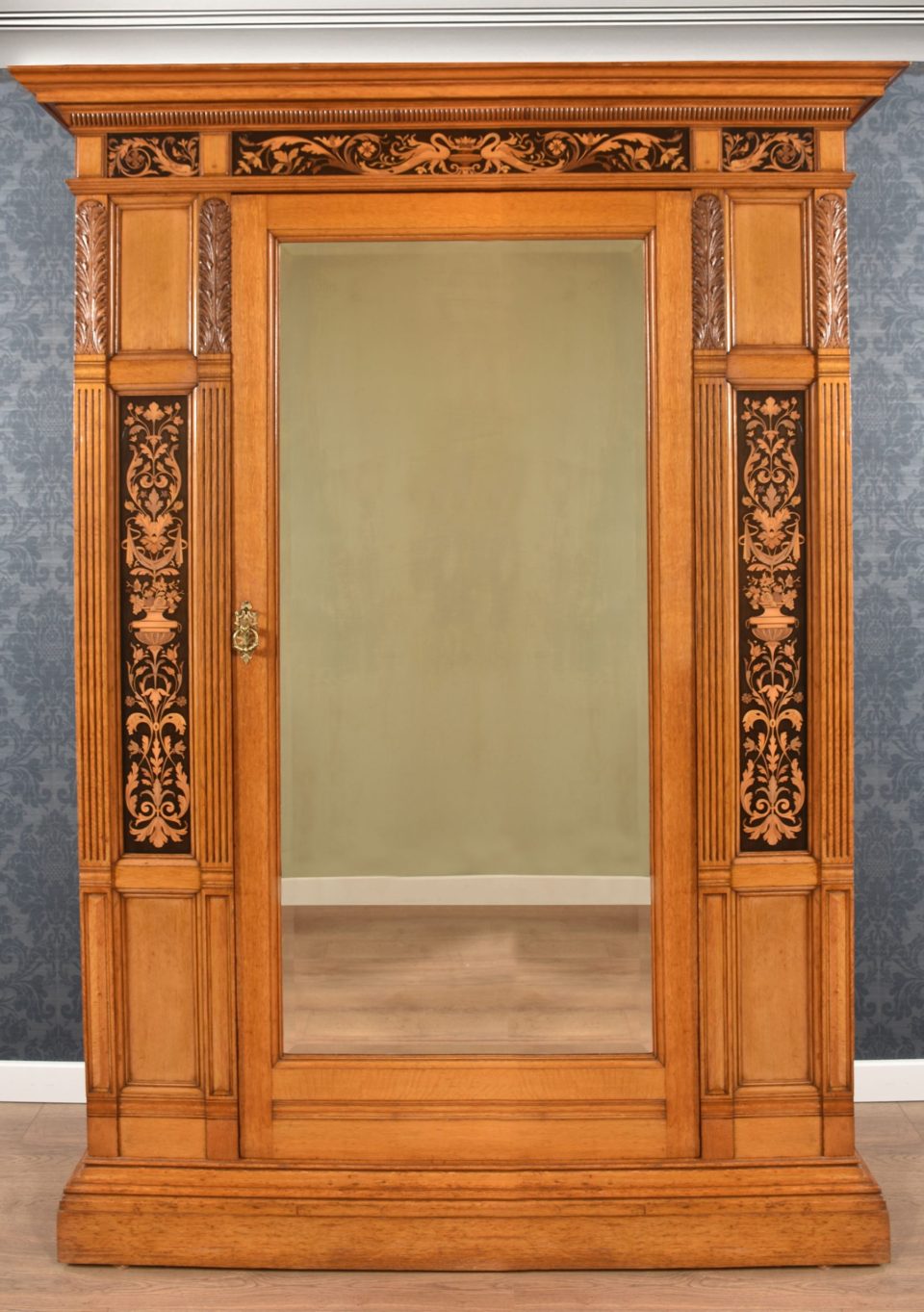 Gillows of Lancaster marquetry inlaid oak wardrobe