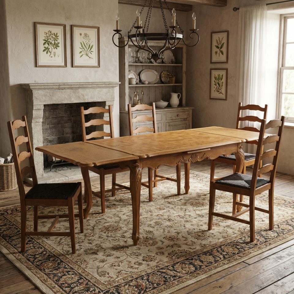 Oak Parquetry draw leaf table