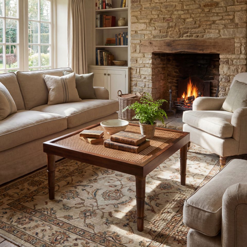 Square Mahogany Table or Stool with Caned Top