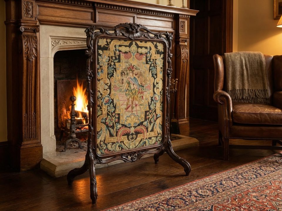 Carved Oak Firescreen with Figural Tapestry Panel