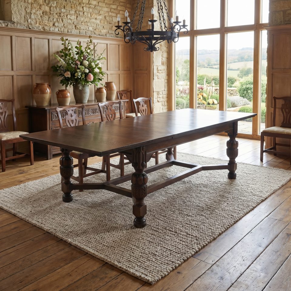 Oak extending dining table by Maple and Co