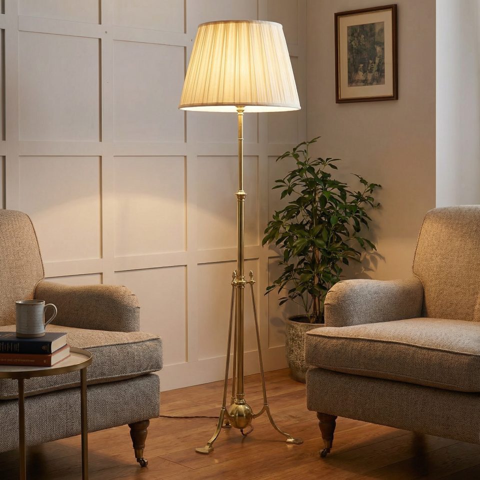 Adjustable Arts and Crafts–Style Brass Tripod Floor Lampshade