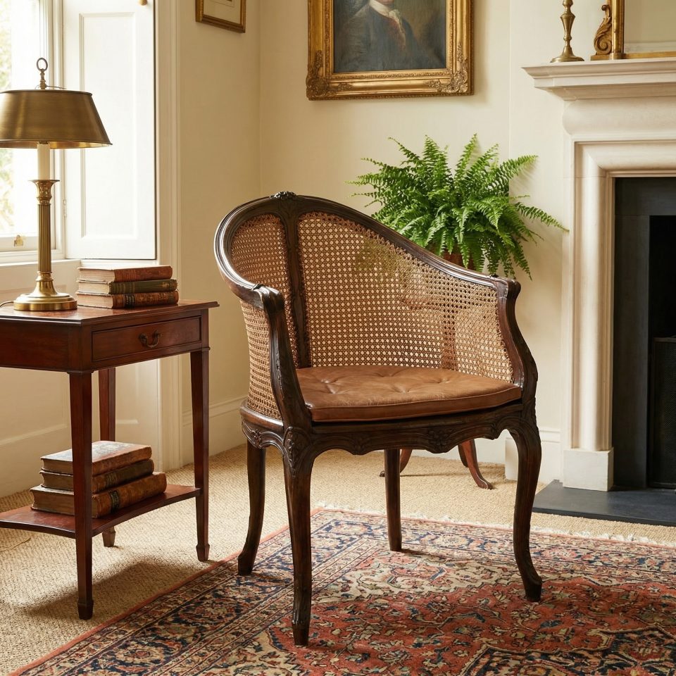 French Carved Oak Caned Bergère Chair