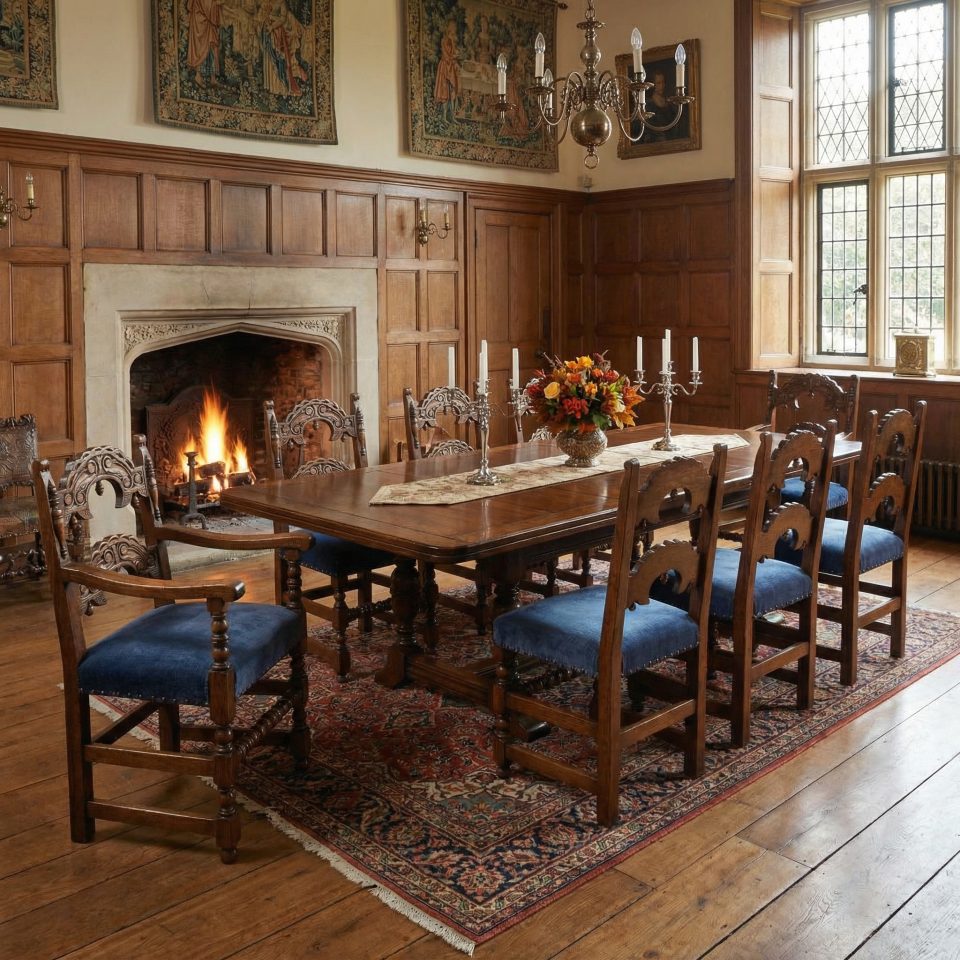 Set of Eight Jacobean Revival Carved Oak Dining Chairs