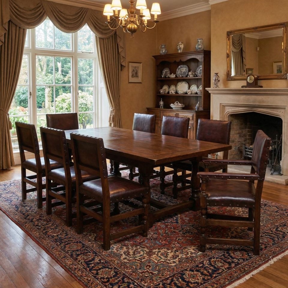 Eight leather upholstered oak dining chairs