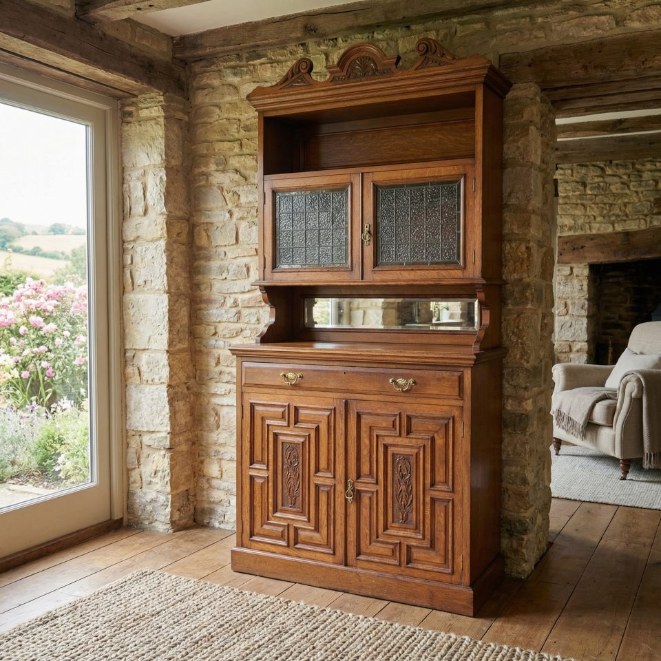 Oak Cabinet with Leaded Glass Doors